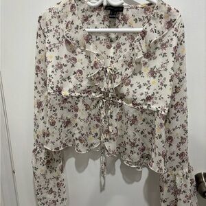 Streetwear Society Cream Floral Ruffle Tie-Front Blouse